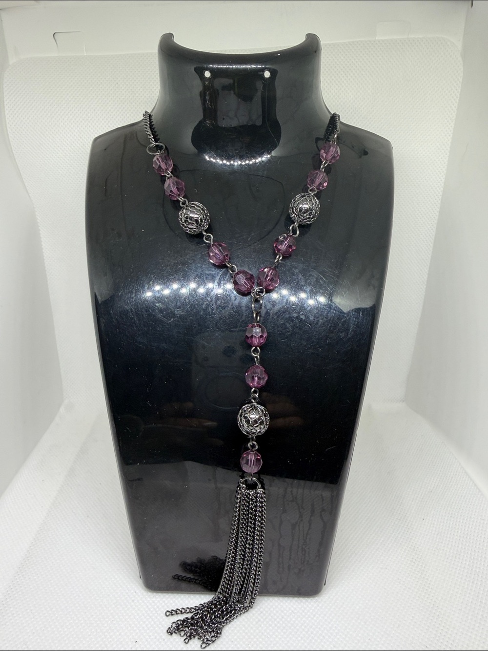 Purple Bead & Tassel Lariat Necklace